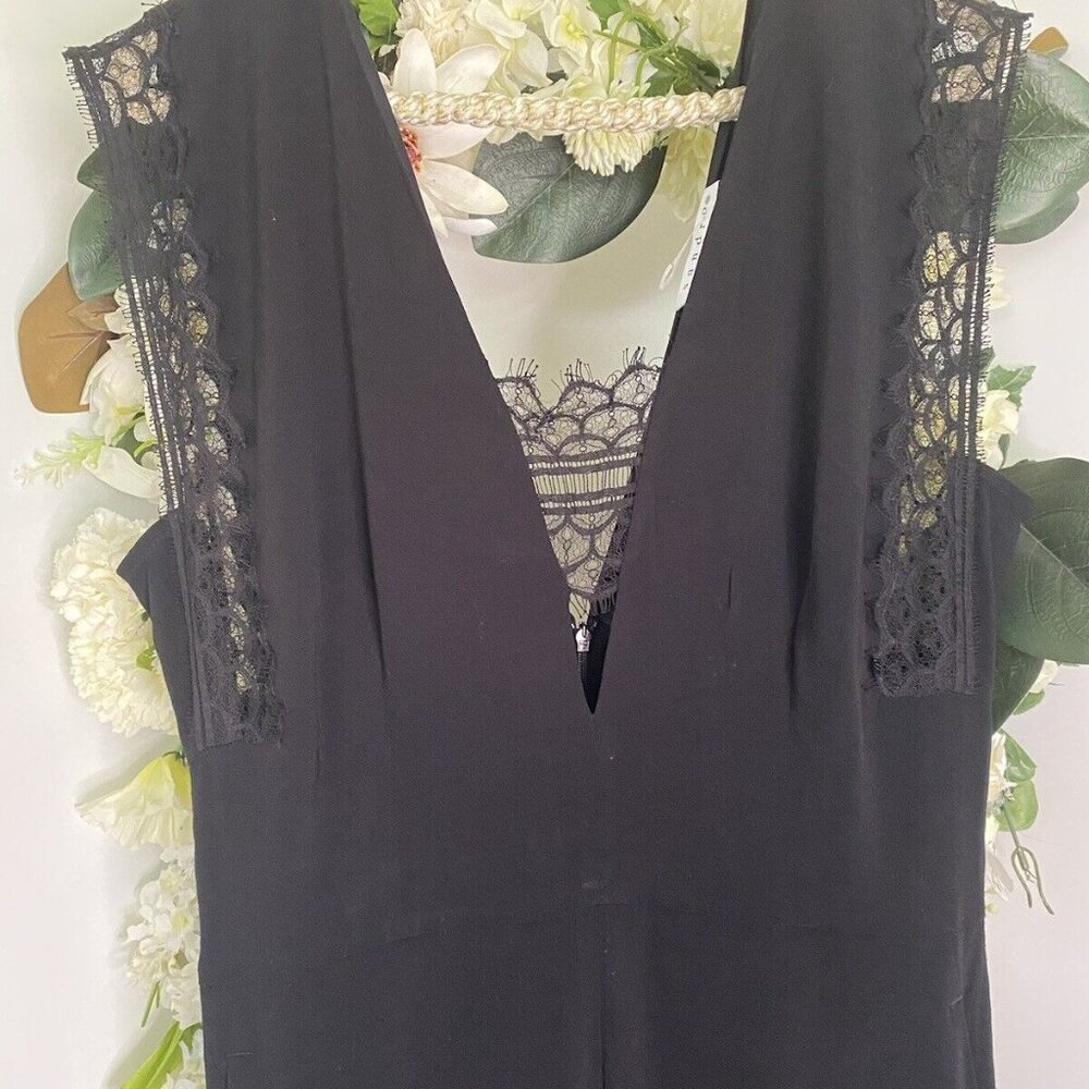 Sandro Palazzo Plunge V-Neck Lace Trim Wide Leg Jumpsuit in Black Med $495 NWOT - Picture 6 of 16